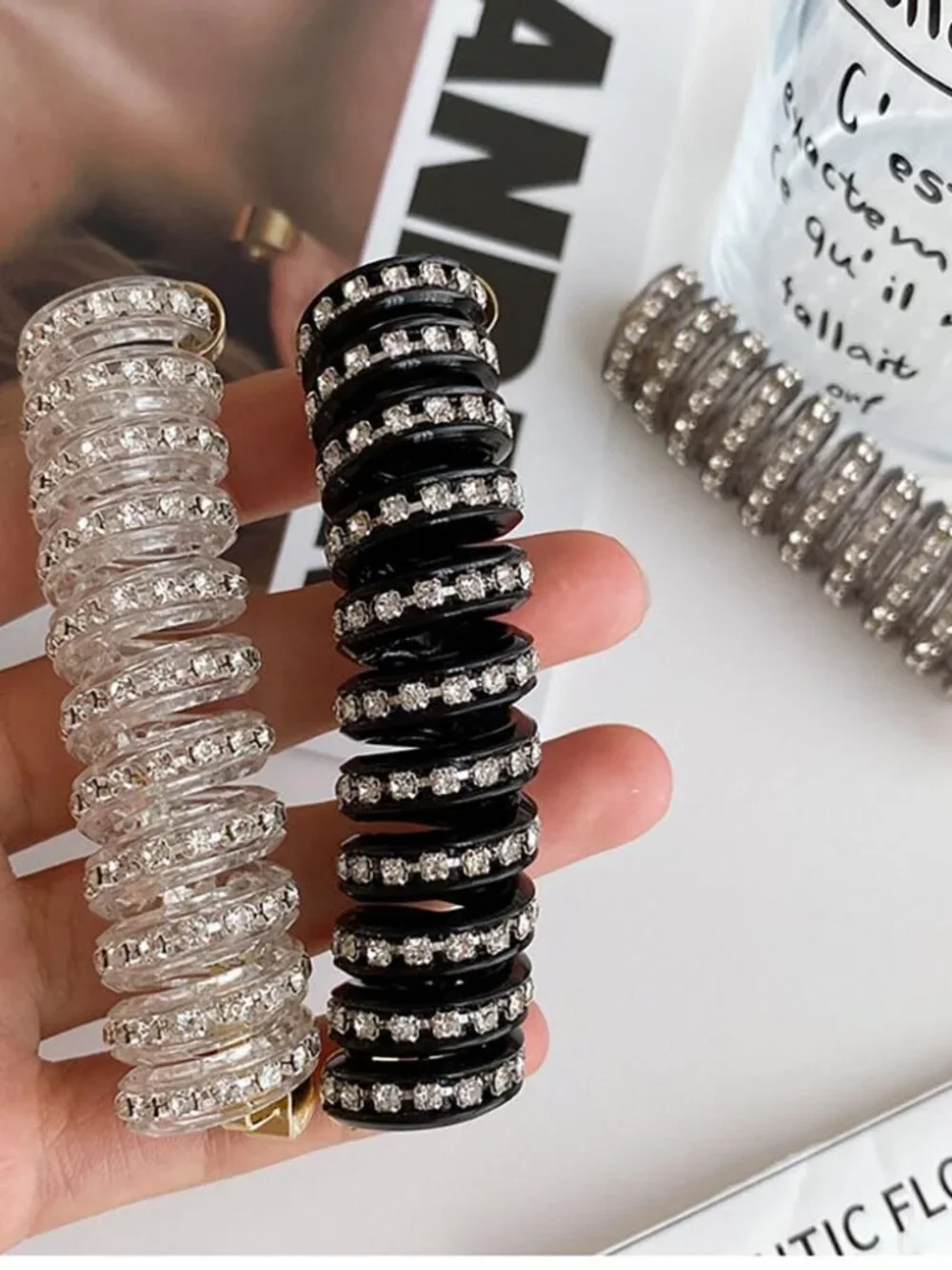 3pcs Glitter Rhinestone Spiral Hair Ties No Damage Bubble Braid Ponytail Holders